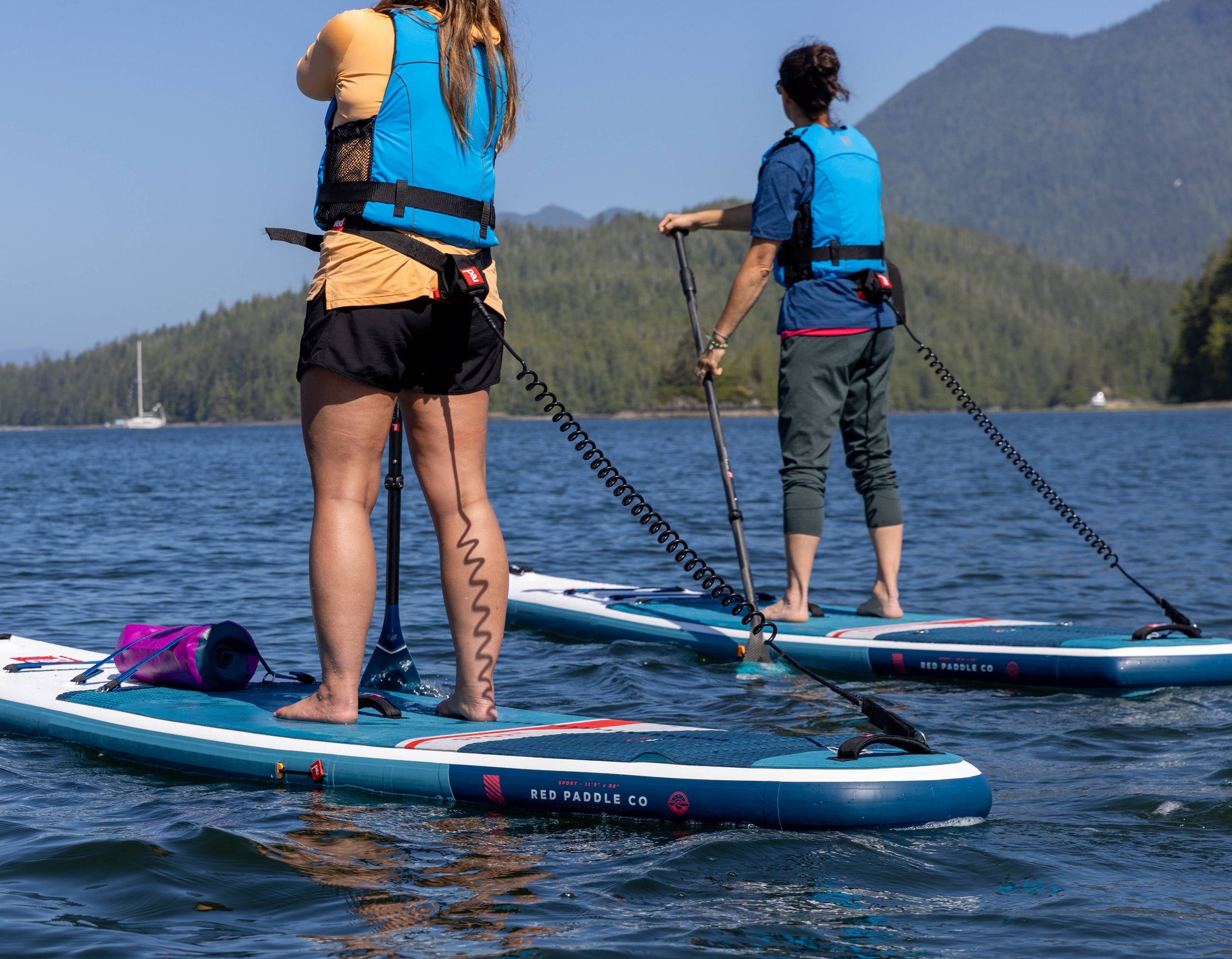 two people paddleboarding with leashes attached